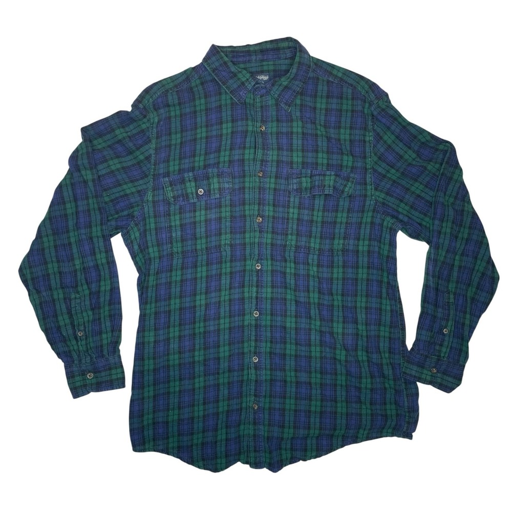 Faded Glory Flannel Shirt Mens Large Green Blue Plaid Button Up